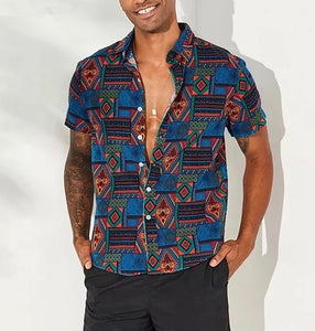 Men Shirt Hawaiian printed pattern blue